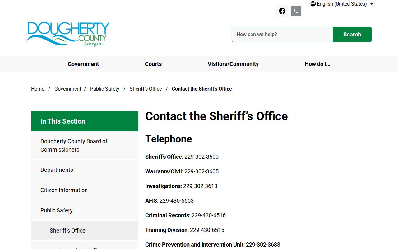 Dougherty County Sheriff contact page with warrant and records routing